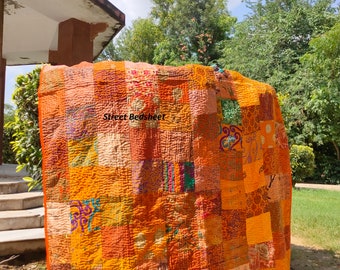 Bohemian Orange Patchwork Quilt Kantha Quilt Handmade Vintage Quilts Boho King Size Bedding Throw Blanket Bedspread Quilting Hippie Quilts