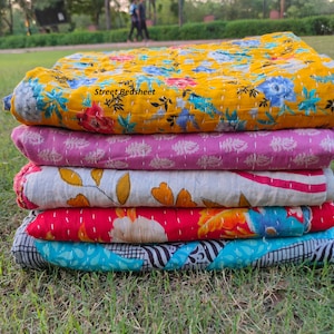 Handmade Vintage Kantha Quilt: Reversible Bohemian Throw Blanket