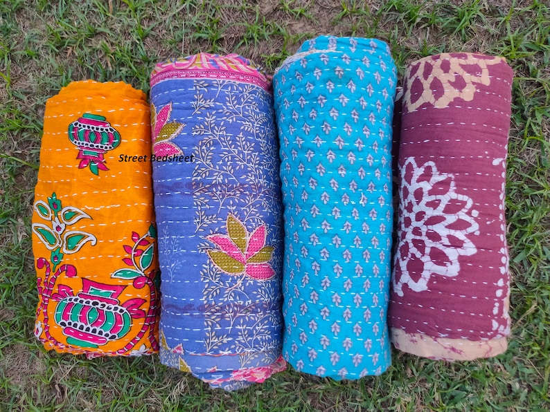 Lot de gros lot d'édredon kantha vintage indien fait main jeté couverture réversible couvre-lit coton tissu boho couette image 8