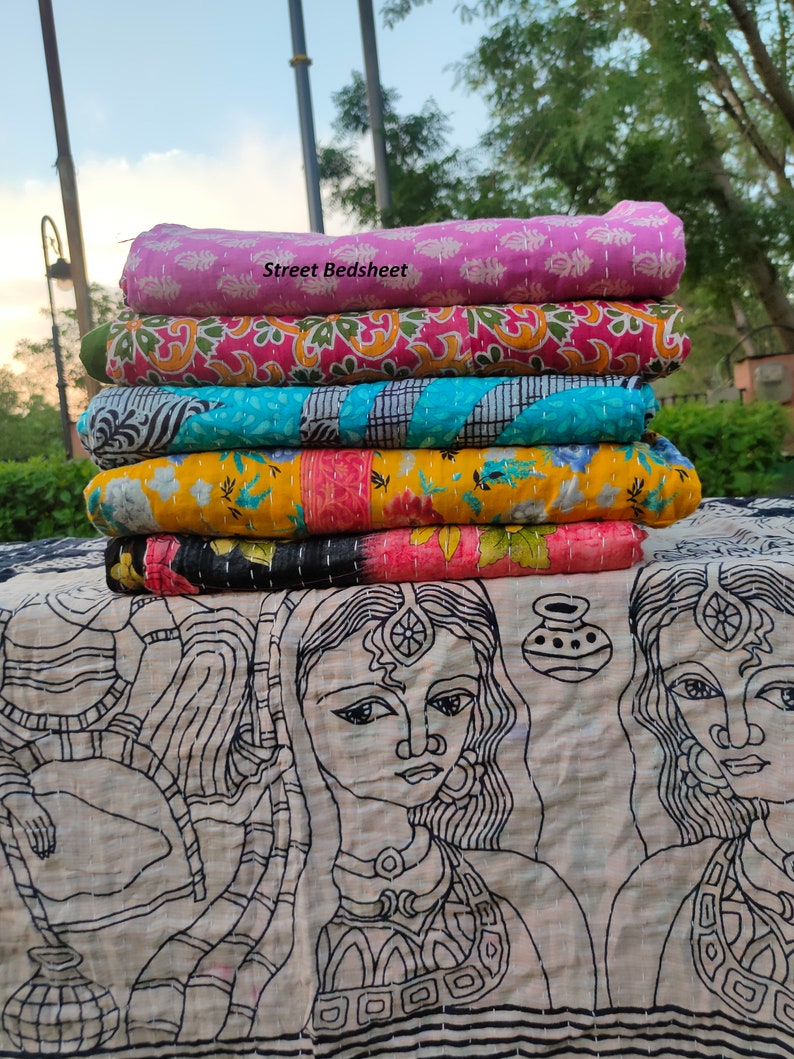 Lot de gros lot d'édredon kantha vintage indien fait main jeté couverture réversible couvre-lit coton tissu boho couette image 8