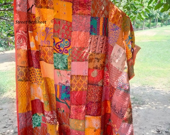 Handmade Vintage Kantha Quilt, Reversible Cotton Throw Blanket, Indian Boho Bedspread, Patchwork Gudri Quilt
