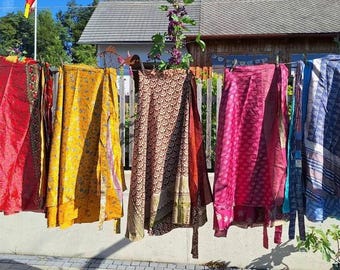 Recycled Indian Silk Wrap Skirt, Boho Festival, Sustainable Upcycled Saree Fashion