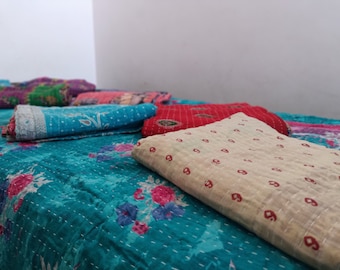 Edredón Kantha indio vintage / Colcha bohemia cosida a mano / Manta reversible de algodón / Ropa de cama hippie hecha a mano