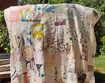 Trapunta patchwork Boho Trapunta Kantha Trapunte vintage fatte a mano Boho King Size Biancheria da letto Coperta Copriletto Trapuntatura Trapunte Hippie in vendita