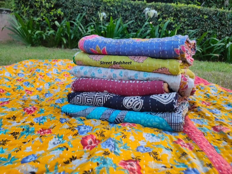 Lot de gros lot d'édredon kantha vintage indien fait main jeté couverture réversible couvre-lit coton tissu boho couette image 2