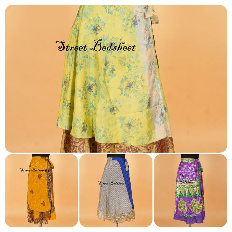 May include: A collection of four wrap skirts featuring various patterns and colors. The top skirt is yellow with blue floral prints. The bottom skirts include a yellow floral print, a blue and white striped design, and a purple paisley pattern.