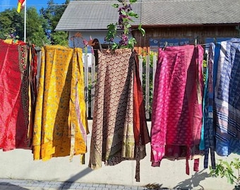 Falda cruzada reversible de seda hecha a mano, falda bohemia ligera, ropa de playa suave y fluida para el verano.