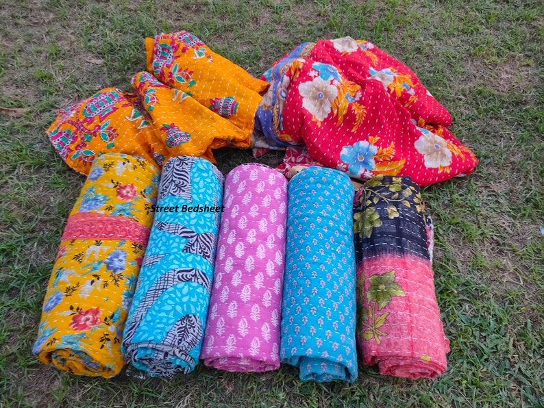 Lot de gros lot d'édredon kantha vintage indien fait main jeté couverture réversible couvre-lit coton tissu boho couette image 9
