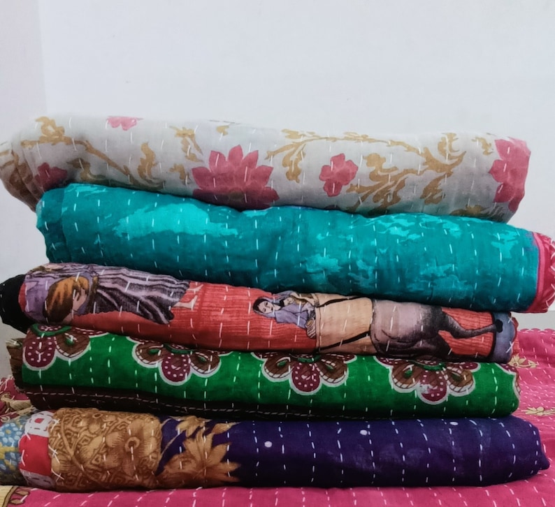 Lot de gros lot d'édredon kantha vintage indien fait main jeté couverture réversible couvre-lit coton tissu boho couette image 1