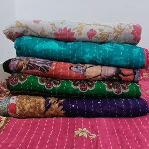 Handmade Vintage Kantha Quilt: Reversible Bohemian Cotton Throw
