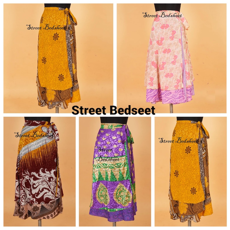 May include: Five wrap skirts displayed on mannequins, featuring various patterns and colors including yellow, pink, purple, and maroon. Each skirt has a tie-waist closure and a layered design. The text Street Bedseet is visible in the center.