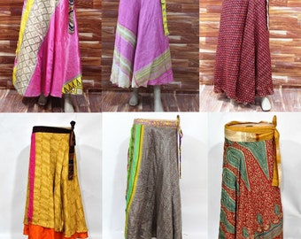 Long Silk Wrap Skirts Indian Ankle Length Vintage Double Layer Skirts, Maxi Skirts Beach Wear Sarong Printed Skirts Tie Length Magic Wraps