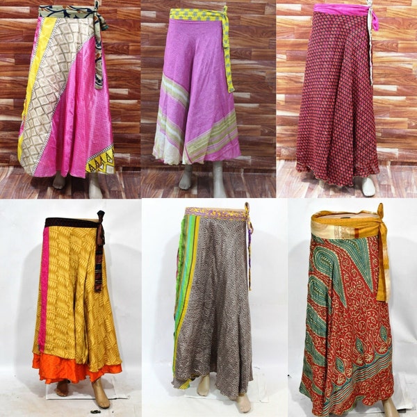 Long Silk Wrap Skirts Indian Ankle Length Vintage Double Layer Skirts, Maxi Skirts Beach Wear Sarong Printed Skirts Tie Length Magic Wraps