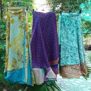 Long Silk Wrap Skirts Indian Ankel Length Vintage Double Layer Skirts, Maxi Skirts Beach Wear Sarong Printed Skirts Tie Length Magic Wraps