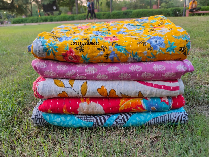 Lot de gros lot d'édredon kantha vintage indien fait main jeté couverture réversible couvre-lit coton tissu boho couette image 10