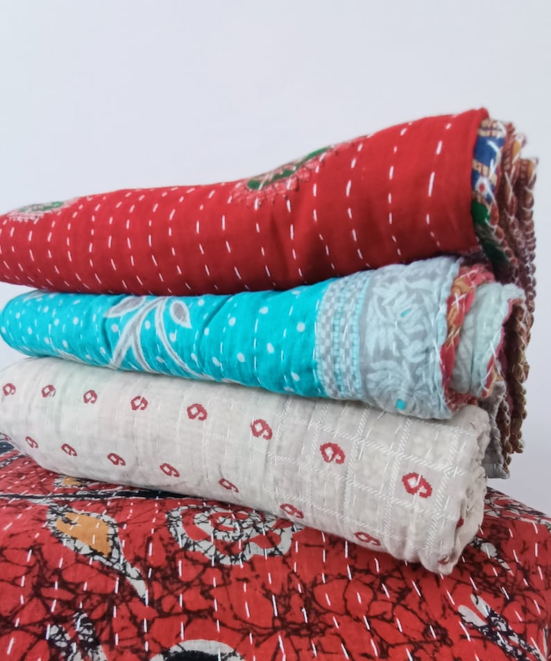 Lot de gros lot d'édredon kantha vintage indien fait main jeté couverture réversible couvre-lit coton tissu boho couette image 10