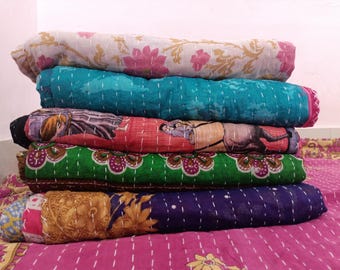 Edredón Kantha vintage / Manta de algodón reversible hecha a mano, decoración bohemia