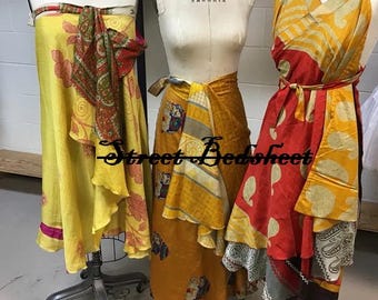 Falda cruzada de seda vintage hecha a mano: falda sari bohemia