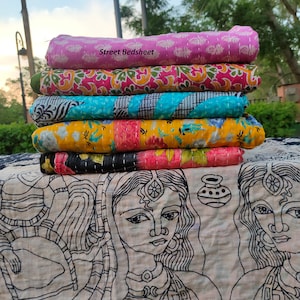 Handmade Vintage Kantha Quilt: Reversible Bohemian Cotton Bedspread