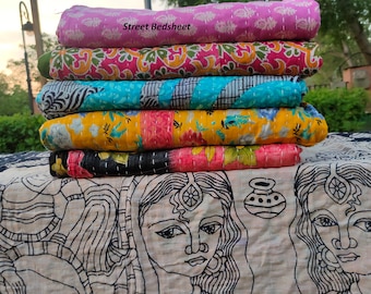 Edredón Kantha vintage hecho a mano: colcha reversible de algodón estilo bohemio
