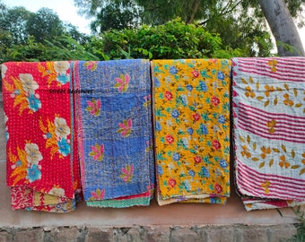 Edredón Kantha de algodón reciclado: colcha bohemia vintage hecha a mano