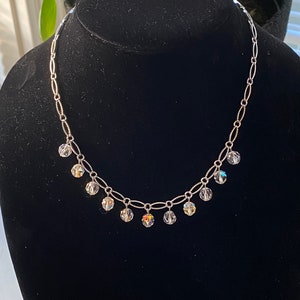 Vintage Swarovski Swan Signed AB Crystal Bead Necklace Large Rhodium Plated Links