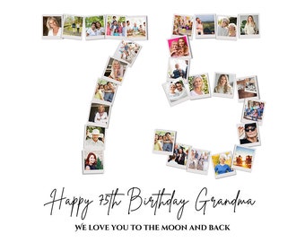 75th Birthday Photo Collage Template, Personalized 70th Birthday Gift for Grandma Grandpa, Number Collage, Mom Gift, Birthday Gift, Canva
