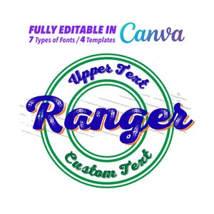 May include: A graphic design featuring the word "Ranger" in a blue, distressed font, encircled by a green and white ring. The design includes the text "Upper Text" and "Custom Text", and the words "FULLY EDITABLE IN Canva" and "7 Types of Fonts / 4 Templates".