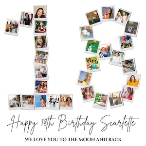 Collage photo 18e anniversaire, cadeau 18e anniversaire, anniversaire numéro 18 à imprimer, modèle de collage photo 18e anniversaire, 18e anniversaire modifiable, toile