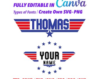 トップガン編集可能、トップガンフォント、パーソナライズされたPNG、SVG | トップガンテーマ、「名前[あなたのテキスト]」、Canvaデジタルダウンロード