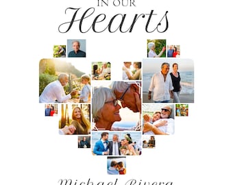 May include: A memorial photo collage in the shape of a heart, featuring multiple photographs of people. The words "FOREVER IN OUR HEARTS" are at the top, with "Michael Rivera" and dates below. The background is white.