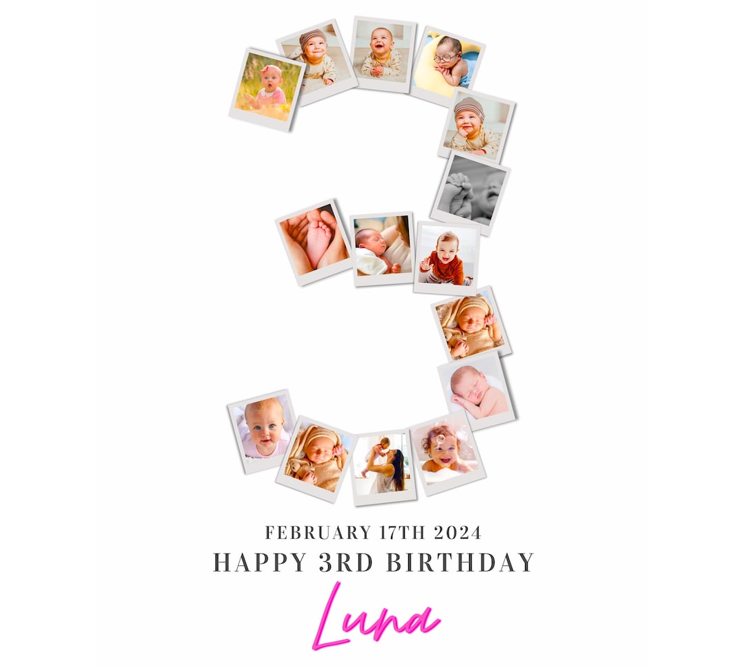 3rd Birthday Photo Collage, 3rd Birthday Gift, Birthday Number 3 ...