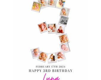 Modello di collage fotografico per il terzo compleanno: poster stampabile con il numero 3 (download digitale)