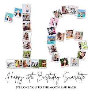 Fotocollage zum 16. Geburtstag, Geschenk zum 16. Geburtstag, Geburtstagszahl 16 zum ausdrucken, Fotocollage zum 16