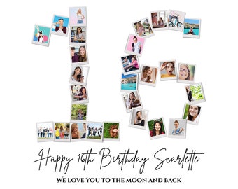 16th Birthday Photo Collage Template: Printable Number 16 (Digital Download)