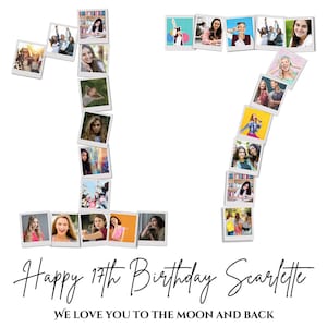 Collage de fotos del 17.° cumpleaños, regalo del 17.° cumpleaños, imprimible con el número 17, plantilla de collage de fotos del 17.° cumpleaños, póster editable del 17.° cumpleaños