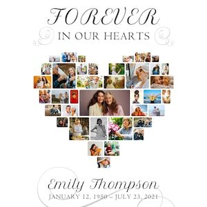 Könnte beinhalten: Eine herzförmige Collage aus Fotos in Schwarzweiß und Farbe, mit dem Text "FOREVER IN OUR HEARTS" oben und "Emily Thompson JANUARY 12, 1950 - JULY 23, 2021" unten.