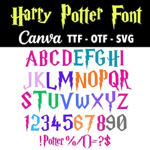 May include: A colorful Harry Potter font design with the text "Harry Potter Font" in yellow and black. The alphabet and numbers are displayed in various colors, including pink, blue, and orange. The font is available in TTF, OTF, and SVG formats.