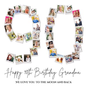 90歳の誕生日の写真コラージュテンプレート、おばあちゃん、おじいちゃん、または夫へのパーソナライズされたギフト。彼女または夫への数字コラージュの誕生日プレゼント