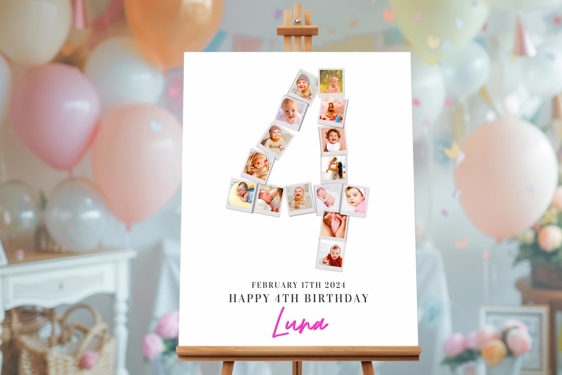 4th Birthday Photo Collage Template: Editable Number 4 Poster (digital ...