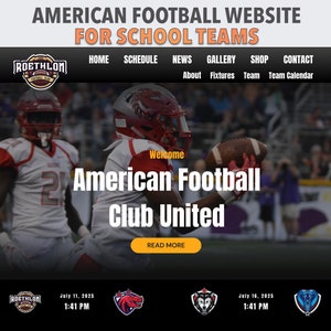 May include: Website for American Football Club United, featuring a team logo, a player in a red jersey holding a football, and a schedule with dates and times.