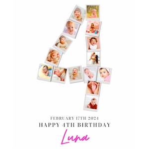 4th Birthday Photo Collage, 4th Birthday Gift, Birthday Number 4 Printable, 4th Photo Collage Template, Editable 4th Birthday Poster