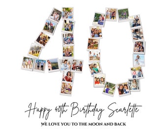 40th Birthday Photo Collage Template, Personalized 40th Birthday Gift for Her, for Him, Number 40 Collage, Family Gift, Birthday Gift, Canva