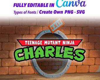 Ninja Turtle Editable Logo, Ninja Turtle Font, Personalized PNG, Birthday Themed Decor, The "Name [Your Text], Canva Digital Download