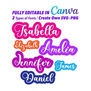 May include: A graphic design featuring names like Isabella, Elizabeth, Amelia, Jennifer, James, and Daniel in various colors. The text "FULLY EDITABLE IN Canva" and "2 Types of Fonts / Create Own SVG-PNG" are also included.