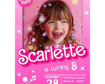 Pink Doll Birthday Invitation, Editable Design with Photo, Printable Girls Party Invite,  Customizable Girl’s Birthday Invite, Canva