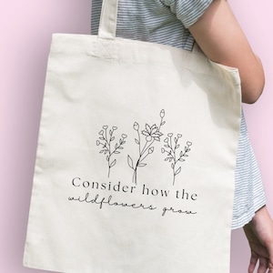 Consider the wildflowers tote, Consider the lilies tote, Christian Tote Bag, Tote bag with pockets, Bible verse Tote Bag, Gift for her,