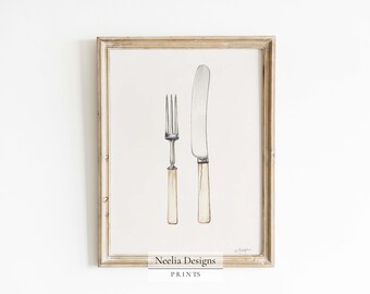 Ivory Knife and Fork Drawing | Vintage Sketch | Digital Print Wall Decor | PRINTABLE | 180