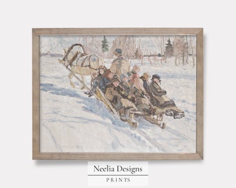 Snowy Children's Sleigh Ride | Vintage Painting | Digital Print Wall Decor | PRINTABLE | 187