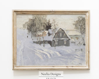 Snowy Walk by Cottages | Vintage Painting | Digital Print Wall Decor | PRINTABLE | 188